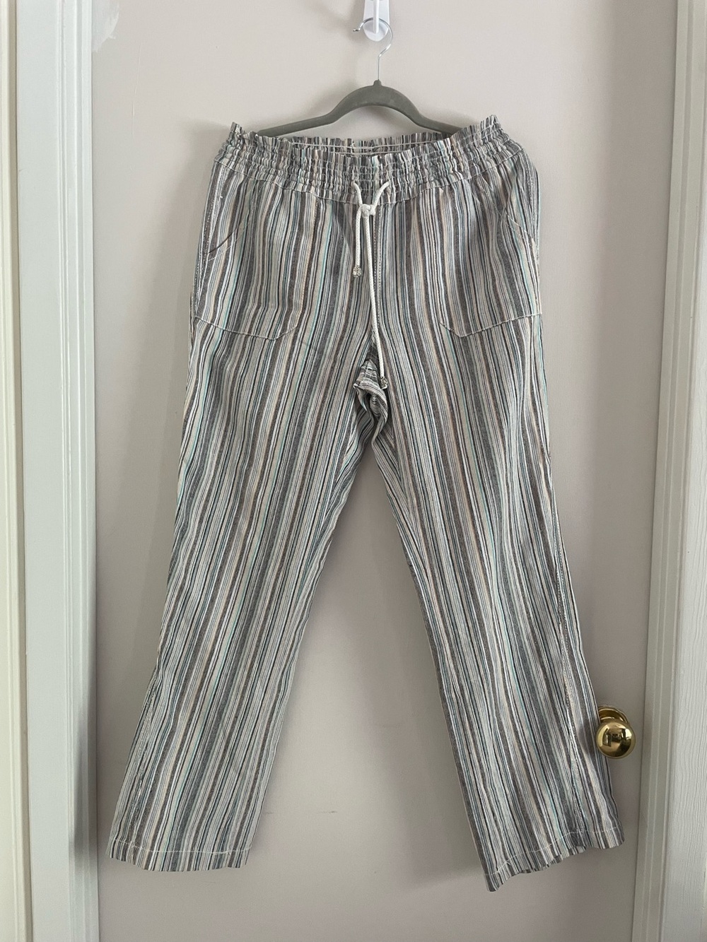 Kate Park Striped Linen-Blend Pull-On Pants, Size M